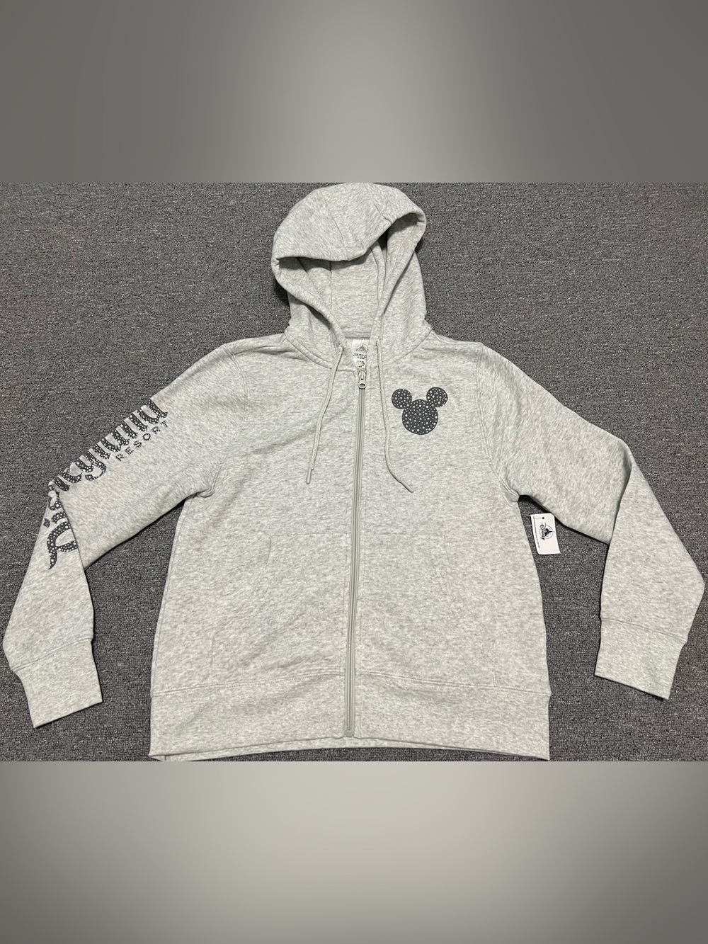 Adult Official Disneyland Gray Zip-Up Hoodie with Mickey Icon and Sleeve Script